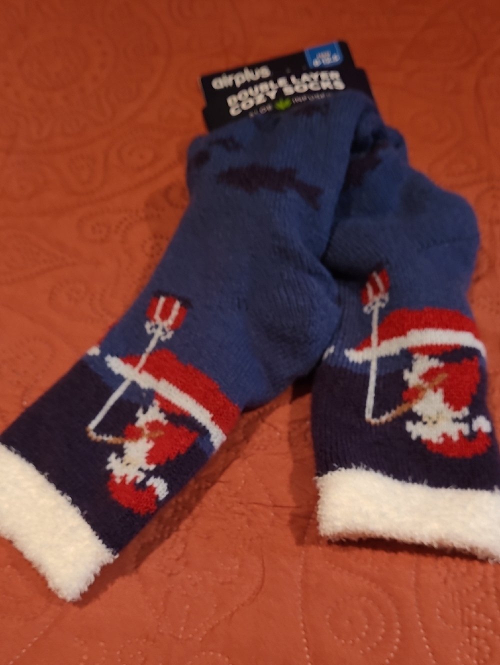 Blue Holiday Crew Socks with Festive Reindeer Design, Size 8 To 12.5